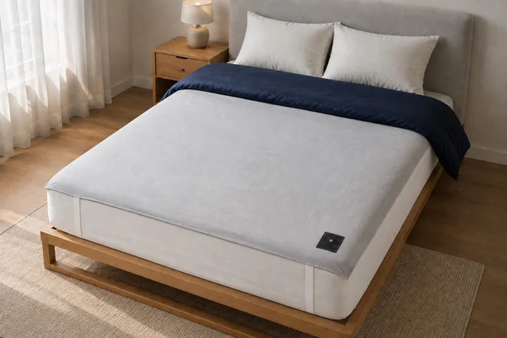 Cadian grounding sheet in Stone, fitted to a bed beneath everyday bedding
