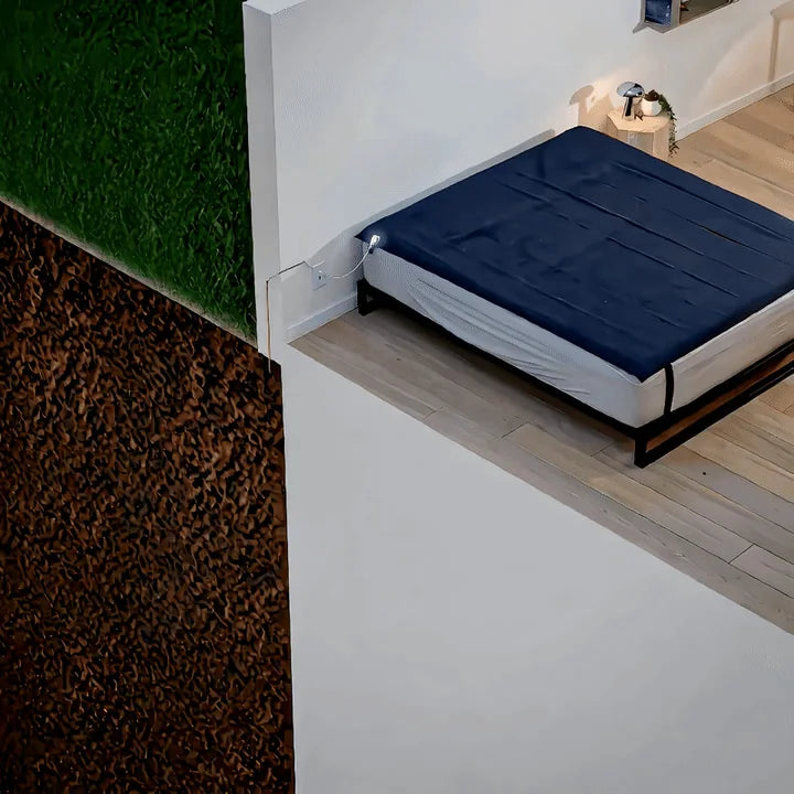 Illustration of a grounding sheet connecting a bed to the earth